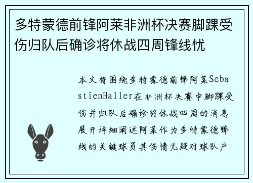 多特蒙德前锋阿莱非洲杯决赛脚踝受伤归队后确诊将休战四周锋线忧