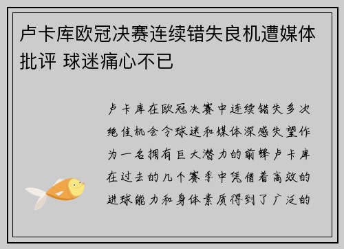 卢卡库欧冠决赛连续错失良机遭媒体批评 球迷痛心不已